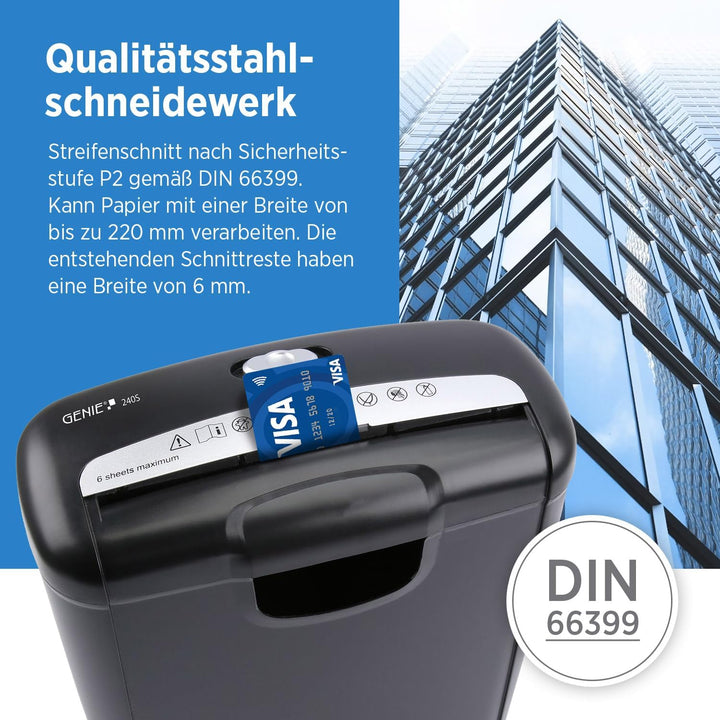 Genie 240S Profi Aktenvernichter Streifenschnitt | Aktenschredder bis zu 6 Blatt | Sicherheitsstufe