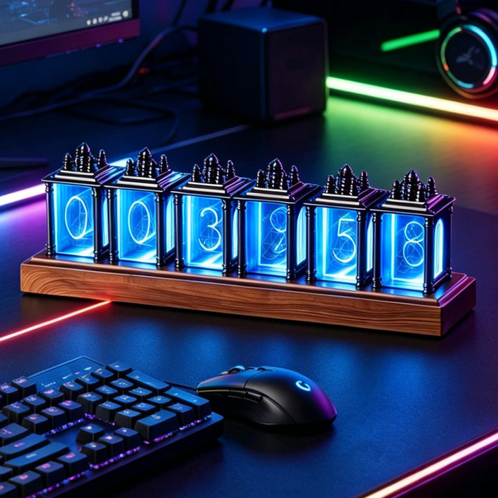 Nixie Tube Clock, RGB LED Röhrenuhr, LED Nixie Uhr, 12/24-Stunden-Anzeige, einstellbare Helligkeit u