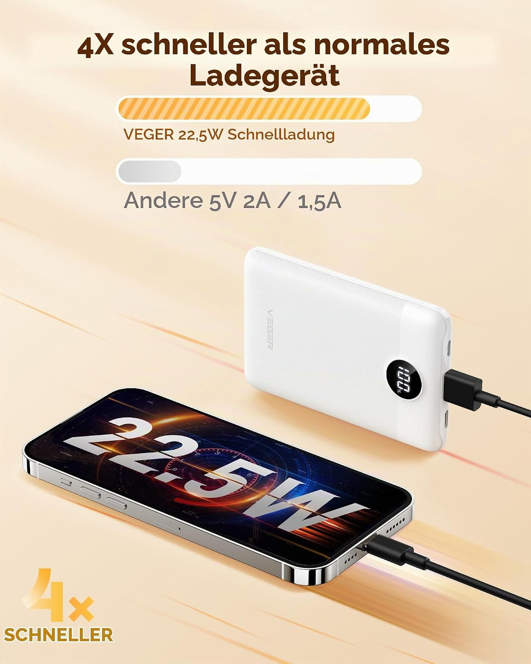 VEGER Power Bank Mini 22.5W, 10000mAh Powerbank Klein Aber Stark, Ultra Slim Leicht Externe Handyakk