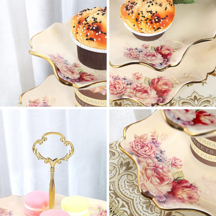 fanquare 3-Stufig Königlich Etagère mit Blumenmuster, Lotus Blume Förmige Obstkörbe mit Metallstrebe