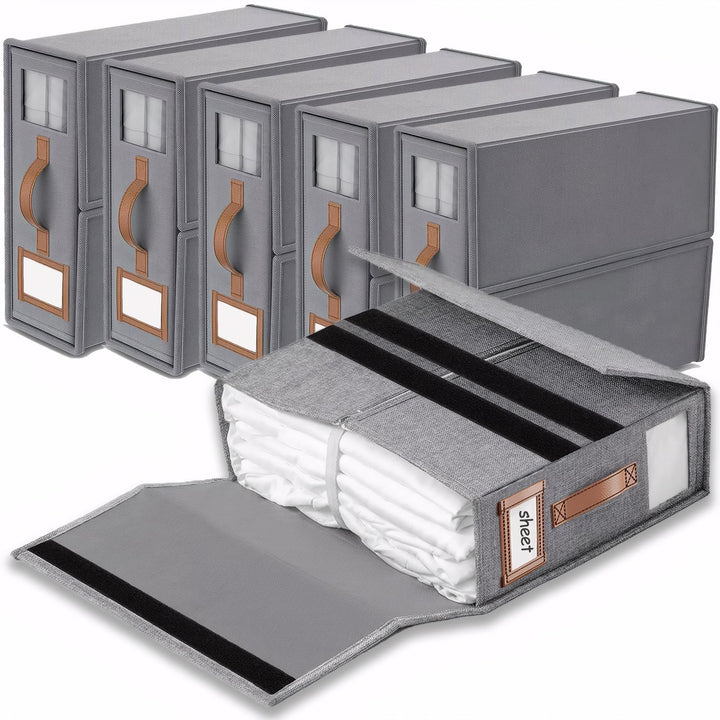 6er Set Bettwäsche Organizer Box - Faltbare Aufbewahrungsbox Bettwäsche mit Sichtfenster & Etikett,