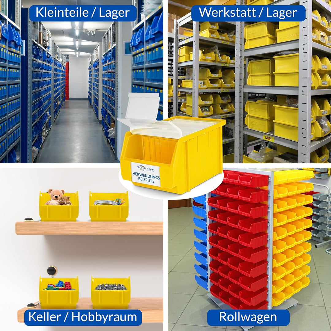 Stapelboxen der Grösse XL 489x304x185mm für dein Kleinteilelager, Sortierkisten in 5 Farben, Zubehör