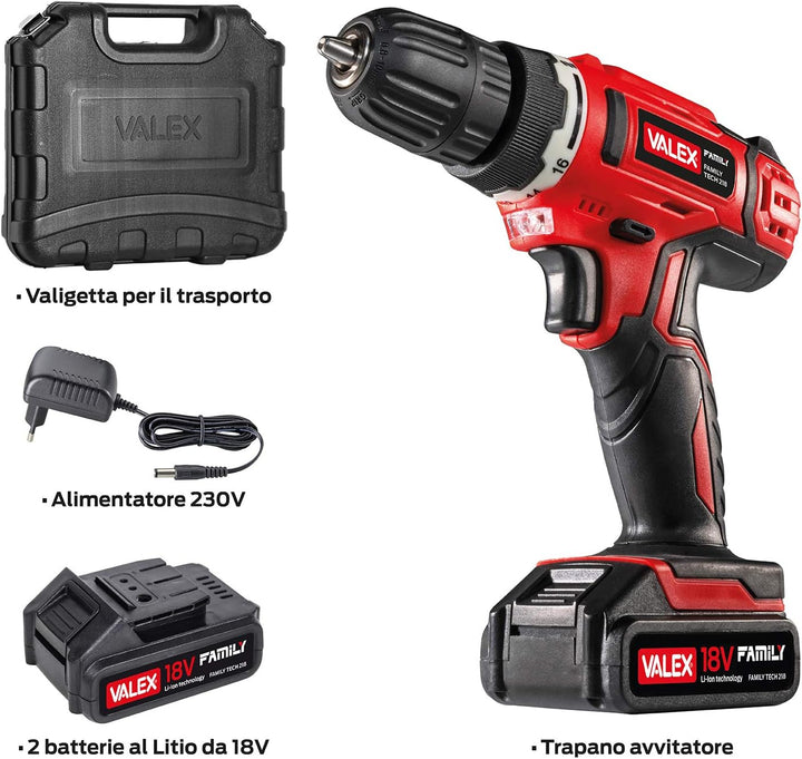 Valex 1429387 Akku-Bohrschrauber 18 V FAMILY-TECH 218 im Koffer, 0-650 U/min, 2 Batterien enthalten,