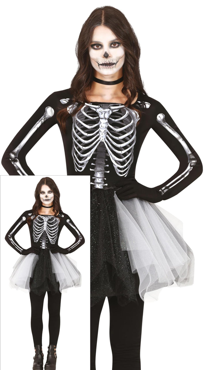 FIESTAS GUIRCA Skelett Lady Halloween Kostüm Damen – Kleid mit 3D Skelett Aufdruck und Schwarz Weiss