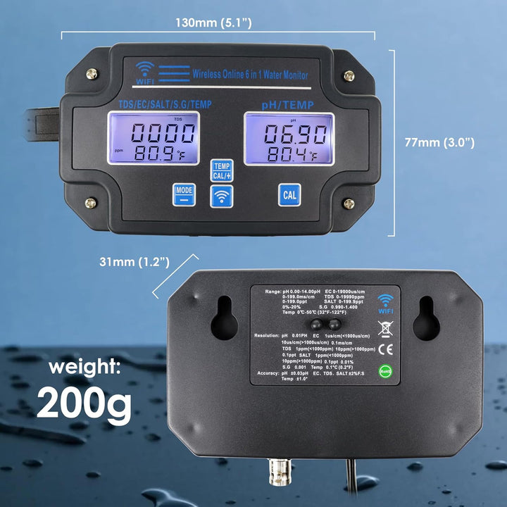 EC pH-Monitor für Hydroponik, 6-in-1 Wasserqualität Tester mit Wi-Fi, pH-Meter-Tester, Kontinuierlic