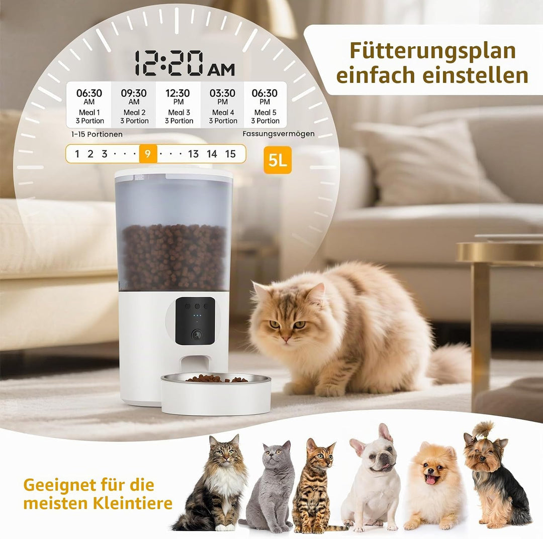 Futterautomat Katze 5L mit Kamera für Trockenfutter, WiFi APP-Steuerung | HD Bewegungserkennung &amp; Fa