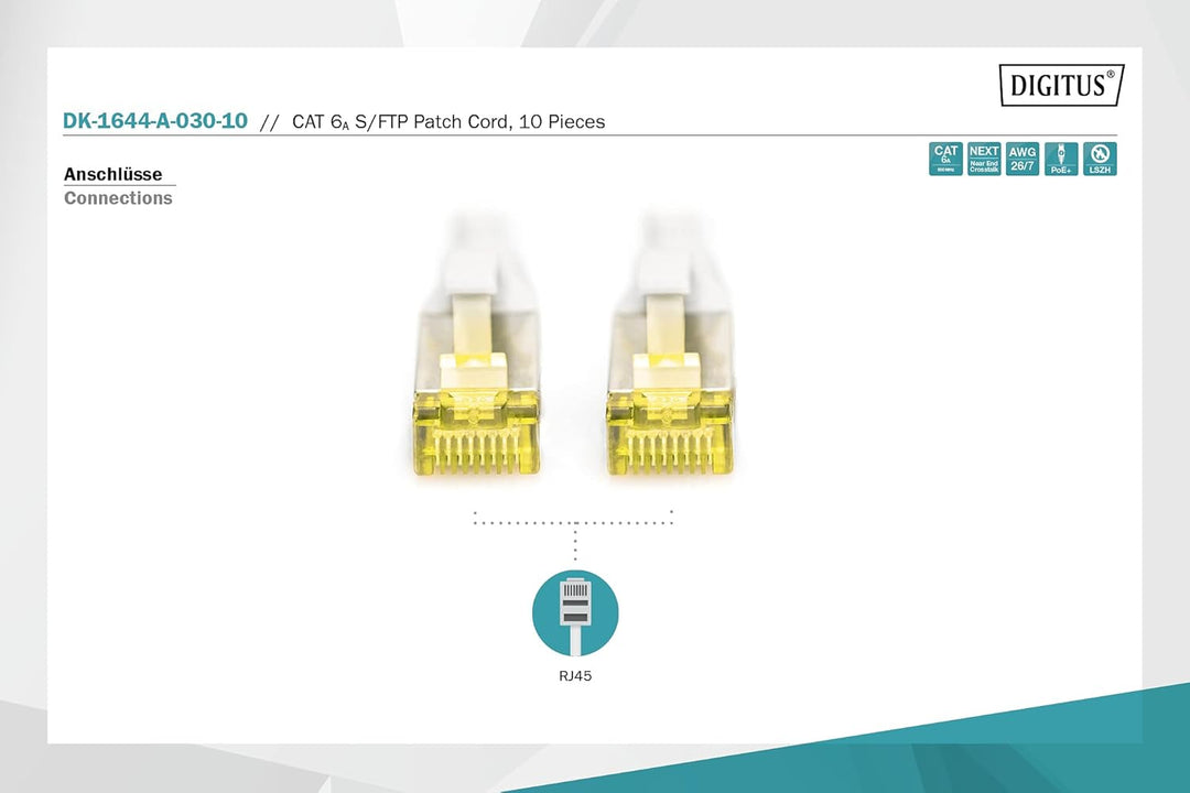 DIGITUS LAN Kabel Cat 6A – 3 m – 10 Stück – S/FTP Geschirmt – Grau | 10 Gbit/s – PoE++ – AWG 27/7 –