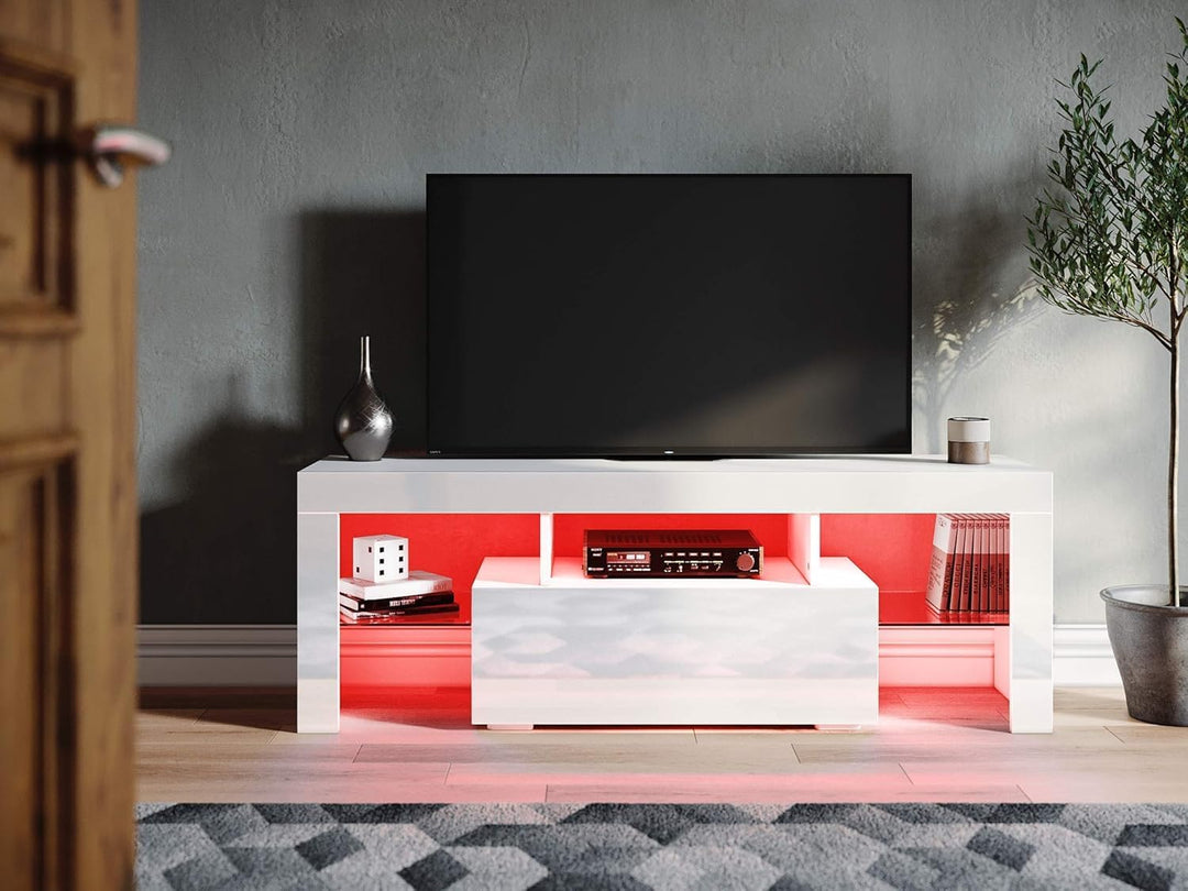 SONNI TV Board, Weiss Griffloses Design, TV Schrank, Hochglanz mit LED Beleuchtung, 12 Farben können