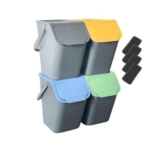 Go Practic 4-er Set Mülleimer und 4-Pack Bioaktivkohlefilter Stapelbox Klick-Deckel Abfalltrennsyste