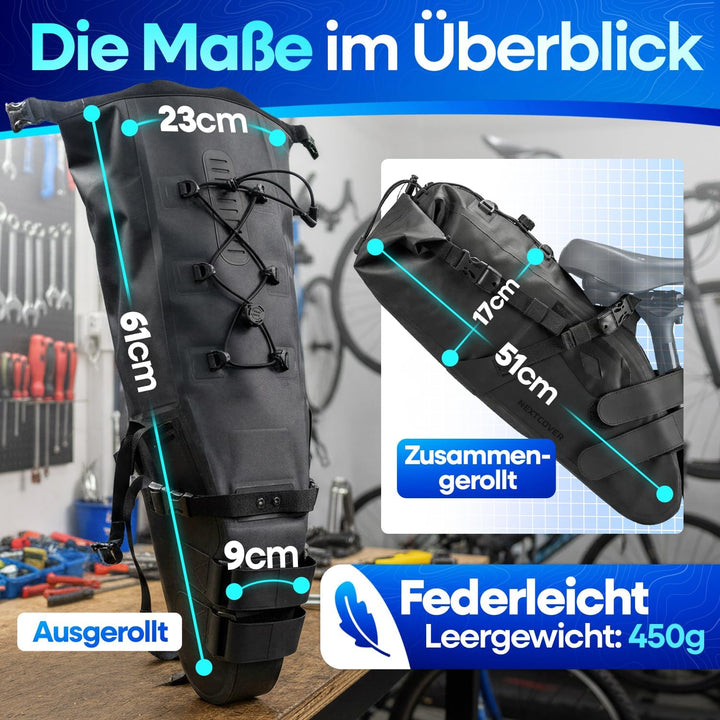 Nextcover® Bikepacking Satteltasche [12 Liter] I Fahrradtasche Sattel I 100% Wasserdicht Dank AquaSh