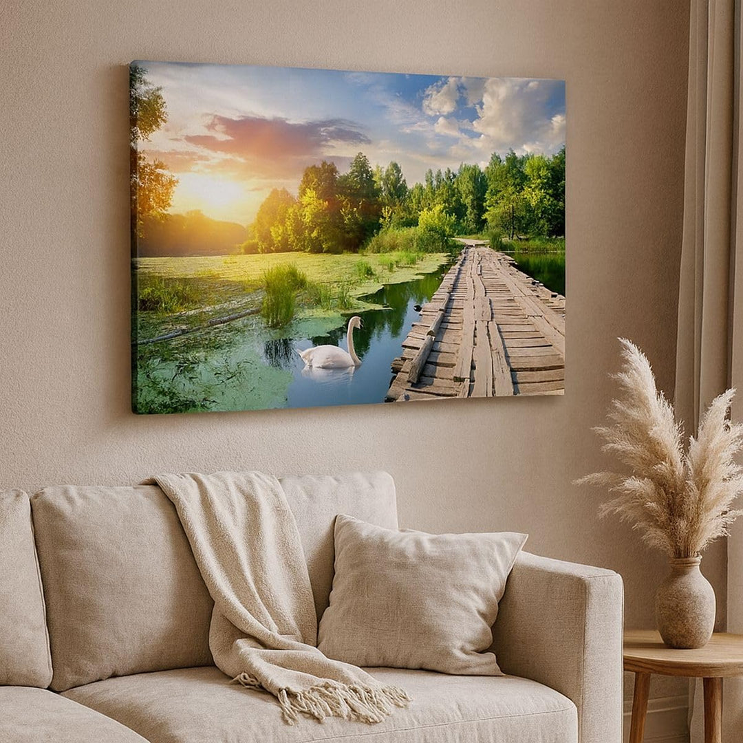 Bilder auf Leinwand 100x70cm Leinwandbild Architektur Promenade Schwan Landschaft Gross Wanddeko Bil