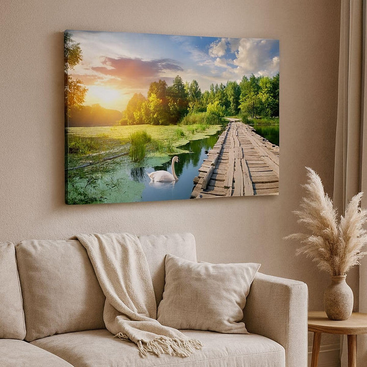 Bilder auf Leinwand 100x70cm Leinwandbild Architektur Promenade Schwan Landschaft Gross Wanddeko Bil
