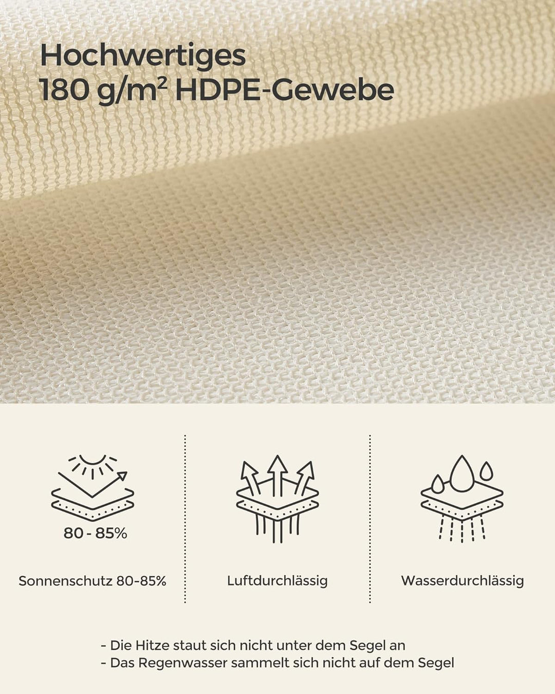 SONGMICS Sonnensegel 2 x 2 m, Sonnenschutz aus HDPE-Gewebe, luftdurchlässig, wasserdurchlässig, für