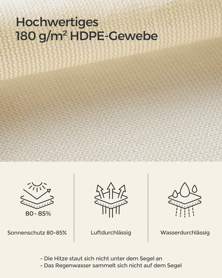 SONGMICS Sonnensegel 2 x 2 m, Sonnenschutz aus HDPE-Gewebe, luftdurchlässig, wasserdurchlässig, für