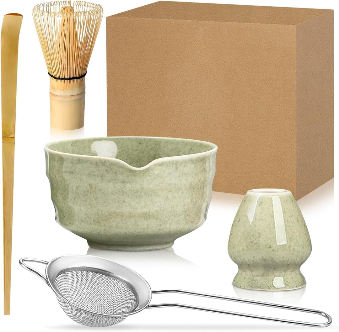 5 Stück Matcha Set, Bambus Besen, Keramik Schale mit Ausgiesser, Whisk, Schaufel, Sieb, Ohne Pulver,