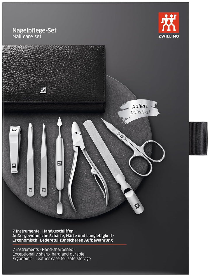 ZWILLING Maniküre und Pediküre Set, Reise Etui Set, Nagelpflege, Leder, 7-teilig, Schwarz Schwarz Si