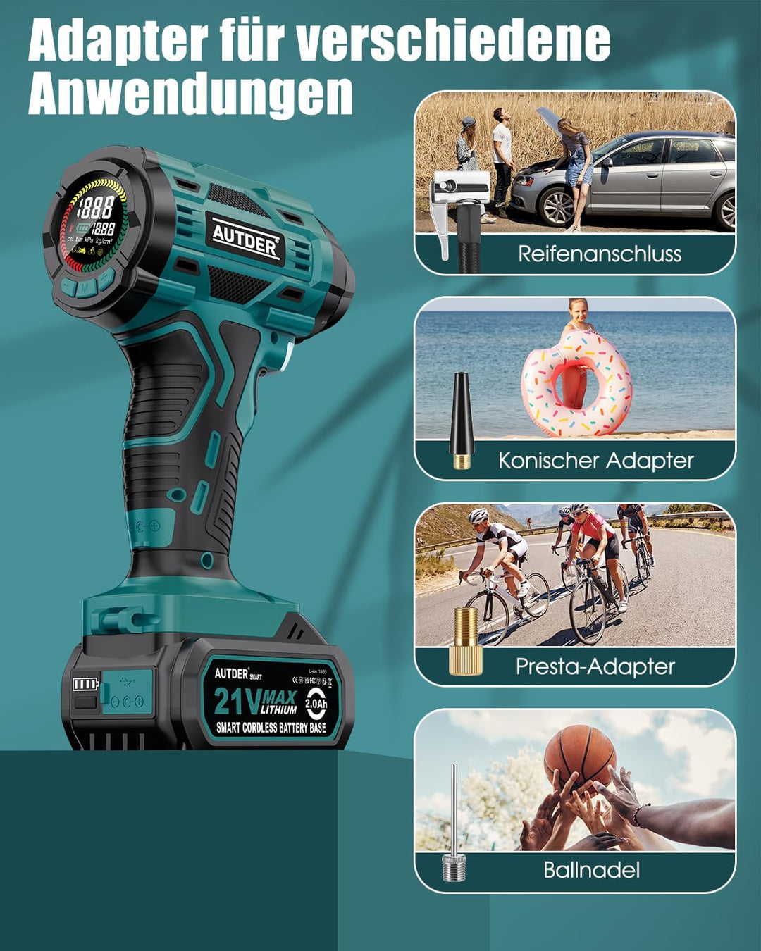 AUTDER 21V Akku Luftkompressor - 12,4 Bar/180 PSI Hochdruck Elektropumpe mit LED-Licht &amp; Kühlsystem,