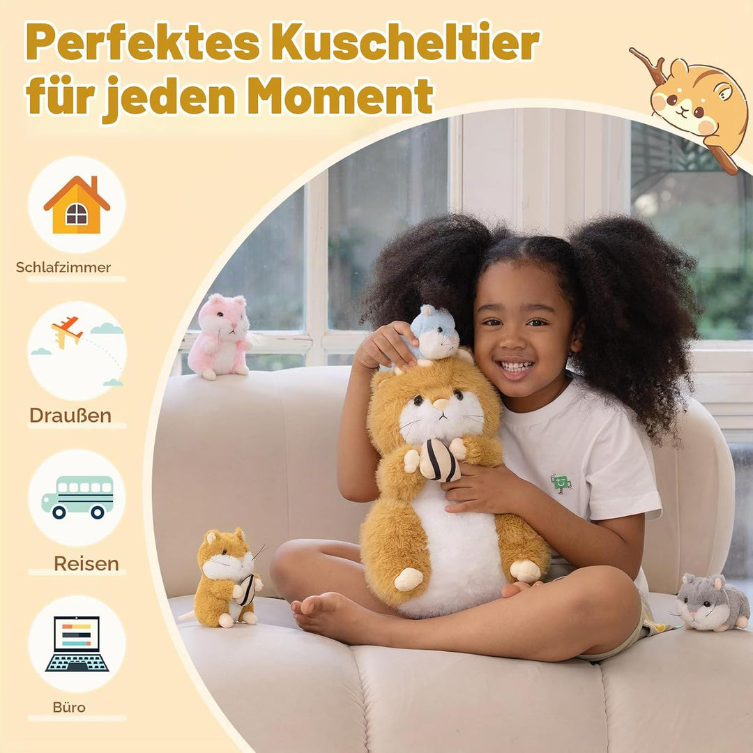 MorisMos 5 stücke Hamster Plüschtier Set, 32cm gross süss Hamster Kuscheltier XXL mit 4 Babys im Bau