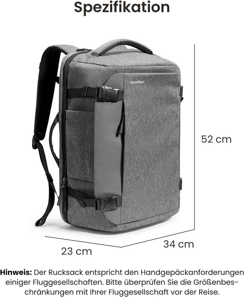 tomtoc 40L Reiserucksack, TSA Freundlich Handgepäck Rucksack Travel Backpack für 15,6-17 Zoll Laptop