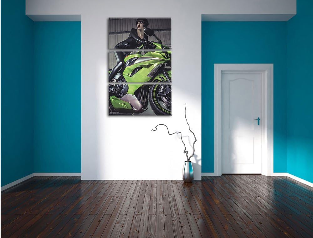 Pixxprint Sexy Neongrünes Bike mit Model 3Teiler 120x80 cm Leinwandbild Wandbild Kunstdruck