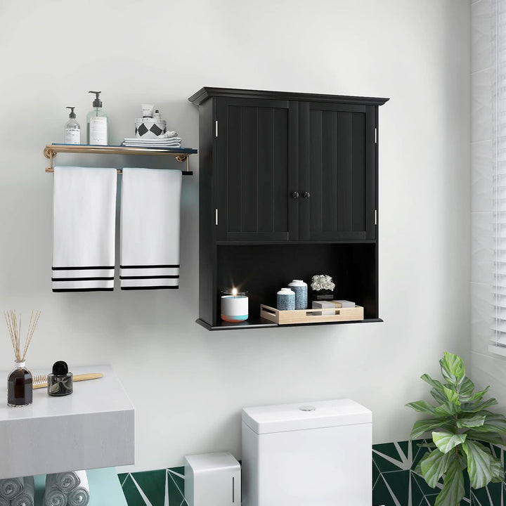 GOPLUS Hängeschrank Bad, Badschrank Holz mit verstellbarem Regal, Wandschrank hängend, Badezimmersch