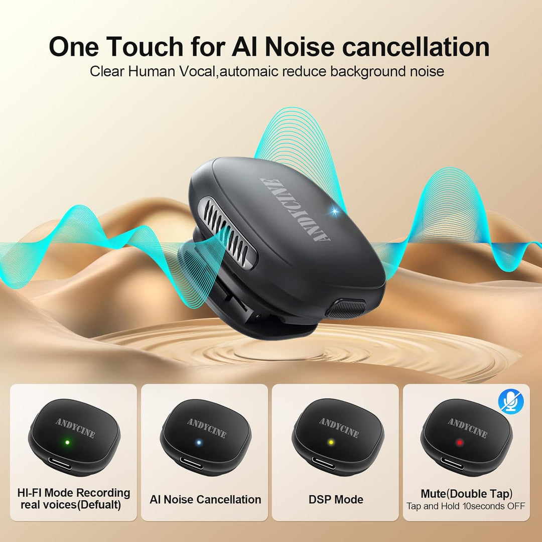 ANDYCINE MC, kabelloses Mikrofonsystem, Doppelsender, Geräuschunterdrückung AI, USB-C, 48 kHz/24-bit