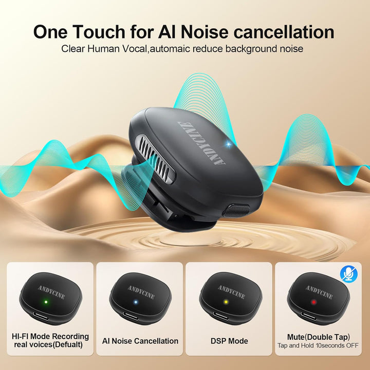 ANDYCINE MC, kabelloses Mikrofonsystem, Doppelsender, Geräuschunterdrückung AI, USB-C, 48 kHz/24-bit