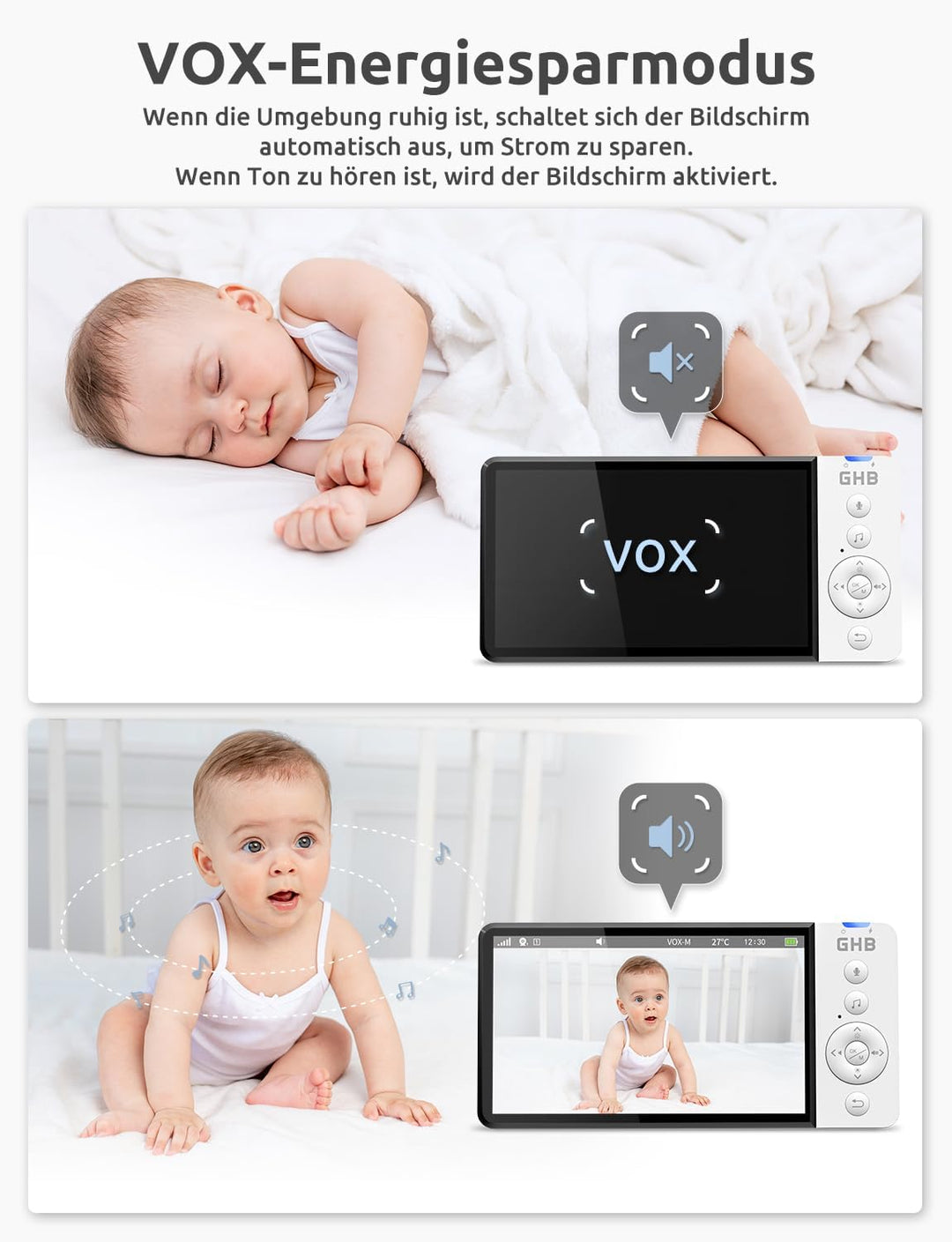GHB Babyphone mit Kamera 5 Zoll HD 5000mAh IPS-Display 720P VOX-Modus 4X Zoom Nachtsicht Temperatura