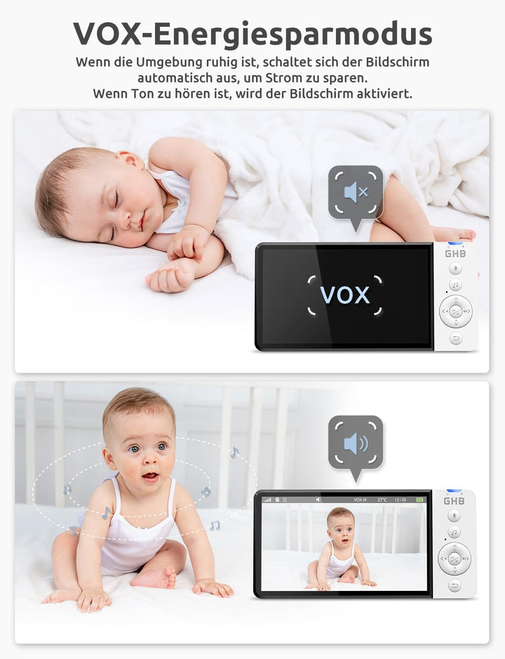 GHB Babyphone mit Kamera 5 Zoll HD 5000mAh IPS-Display 720P VOX-Modus 4X Zoom Nachtsicht Temperatura