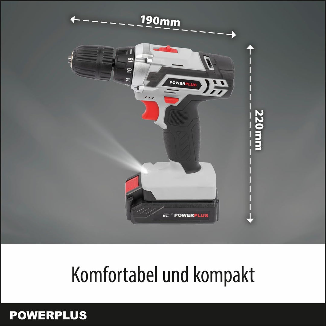 Powerplus Akkuschrauber & Akkubohrer POWC1061 - Akku Schraubendreher 16V, Inkl. 1 x 1,3Ah Akku und L