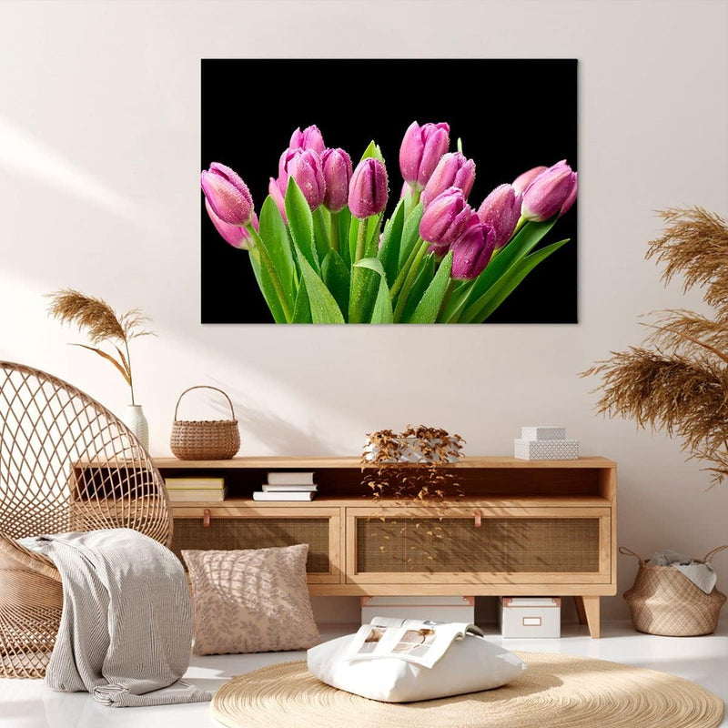 Bilder auf Leinwand 100x70cm Leinwandbild Tulpen Blumenstrauss Tau Tropfen Gross Wanddeko Bild Schla