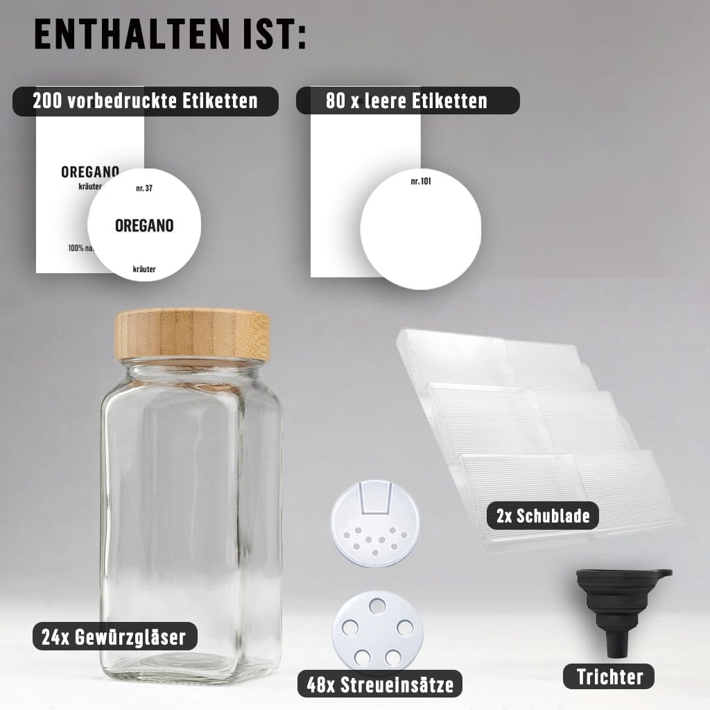 Deco haus® Gewürzregal Schublade [MIT 24 GEWÜRZGLÄSER & ETIKETTEN] - Gewürz Organizer Schublade - Ge