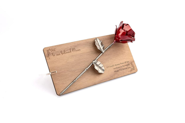 Forging Art Bcn Rose aus Schmiedeeisen auf Holzrahmen mit personalisierter Gravur (Walnuss), Walnuss
