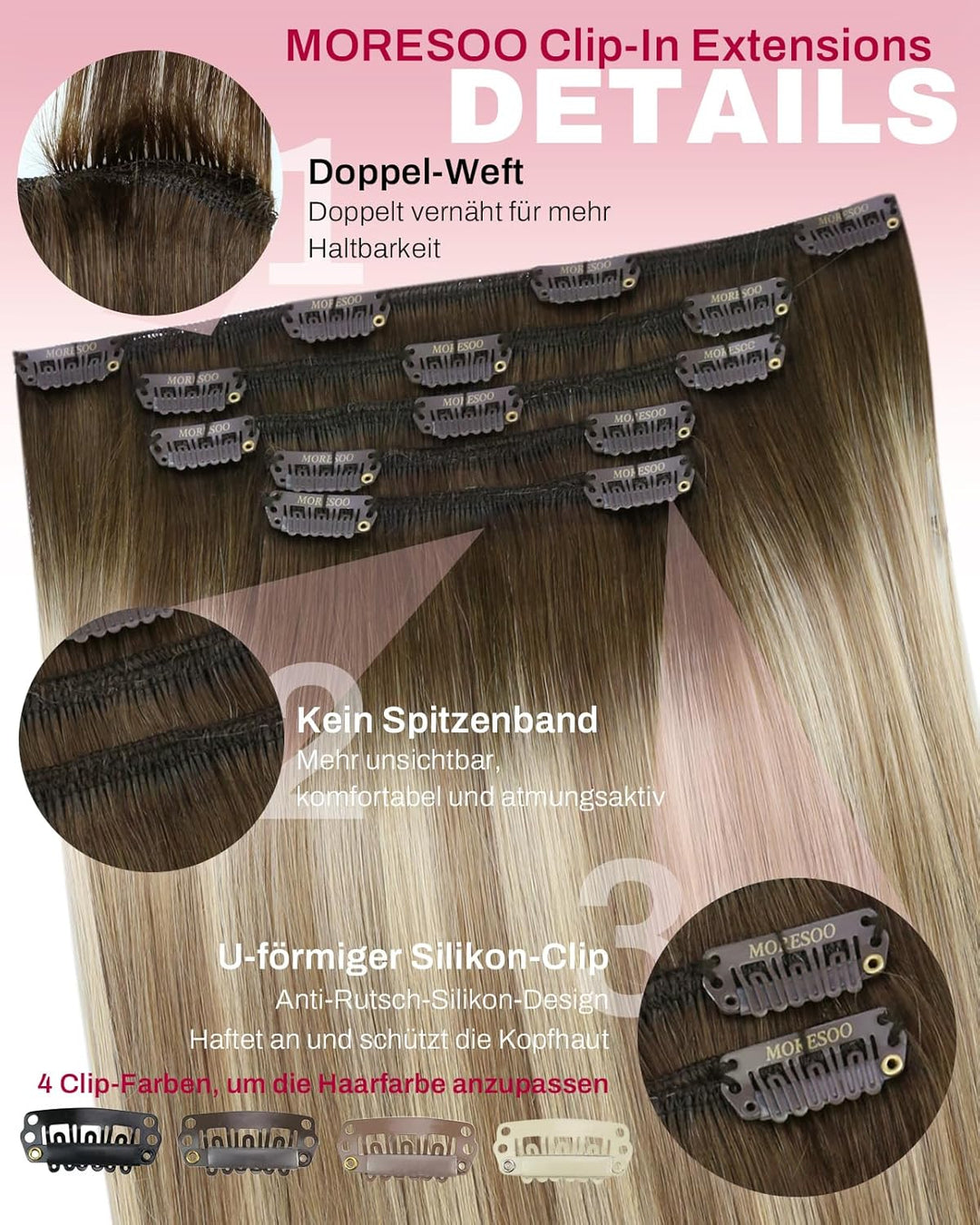 Moresoo Clip in Extensions Echthaar Remy Braun Extension Echthaar Clips Braun bis Hellbraun mit Mitt