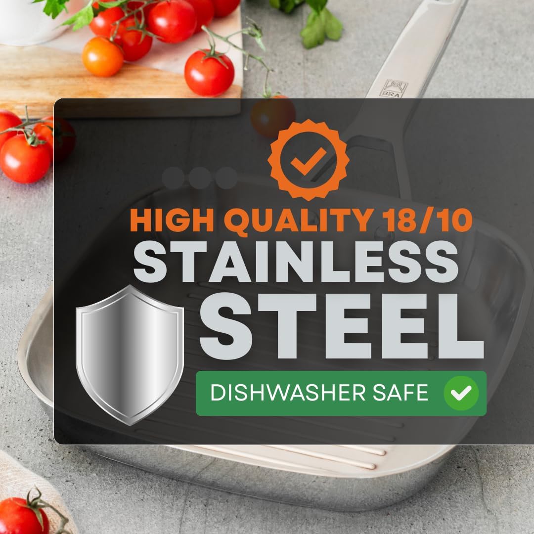BRA Signature Grillpfanne mit Rillen, 28 cm, aus Edelstahl, ohne Antihaftbeschichtung, ergonomischer