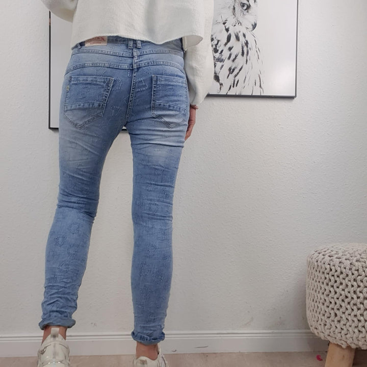 Jewelly Damen Boyfriend Stretch Jeans| Denim Hose für Frauen| 5-Pocket Bagggy Pants S Denim Heart, S