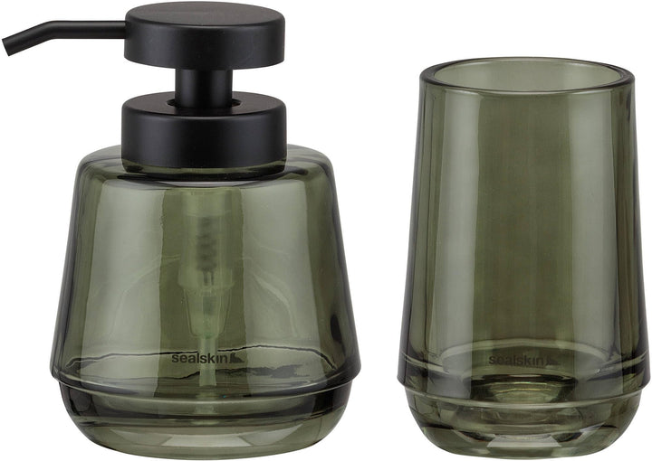 Sealskin Mood Badaccessoire-Set, bestehend aus Seifenspender 380 ml + Zahnputzbecher, Glas, Farbe: G