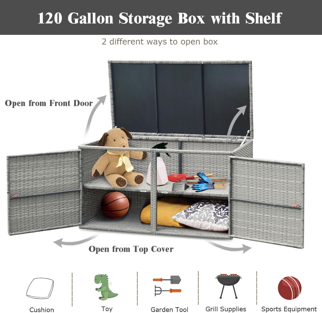 KOMFOTTEU Rattan Auflagenbox, Aufbewahrungstruhe mit Doppeltüren und Deckel, 2 stöckiger Gärtnerschr
