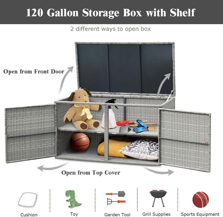 KOMFOTTEU Rattan Auflagenbox, Aufbewahrungstruhe mit Doppeltüren und Deckel, 2 stöckiger Gärtnerschr