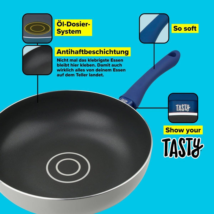 Tasty Antihaft-Wokpfanne mit Öldosiersystem 28x8cm – Gepresstes Aluminium, Soft-Touch-Griff, Indukti