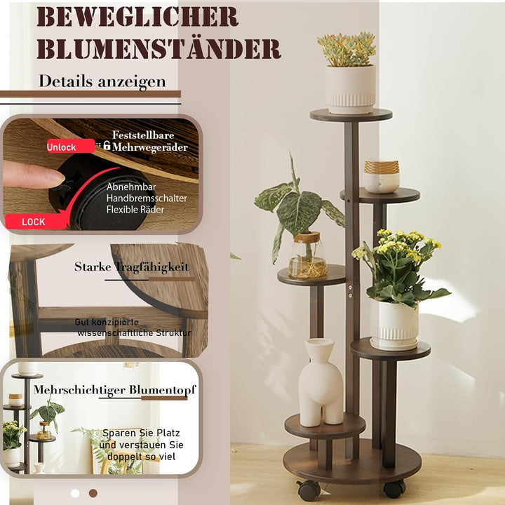 Blumenständer Bambus mit Rollen, 5 Etagen Pflanzenständer Blumenregal Balkon,Chassis Ø31.5*Oberes Fa