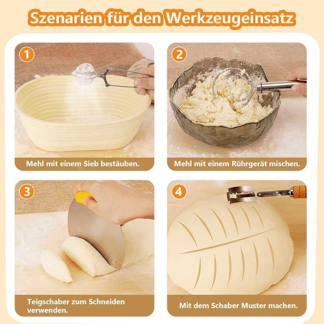 Brotgärkorb -Set- aus Silikon (23cm rund & 25cm oval) – Sauerteig-Gärkorb (inkl. Teigschaber, Rostme