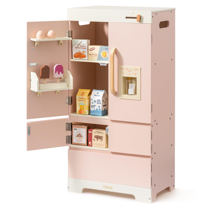 ROBUD Kühlschrank aus Holz - Realistisch und interaktiv mit Eiswürfelbereiter und Lebensmittel-Spiel