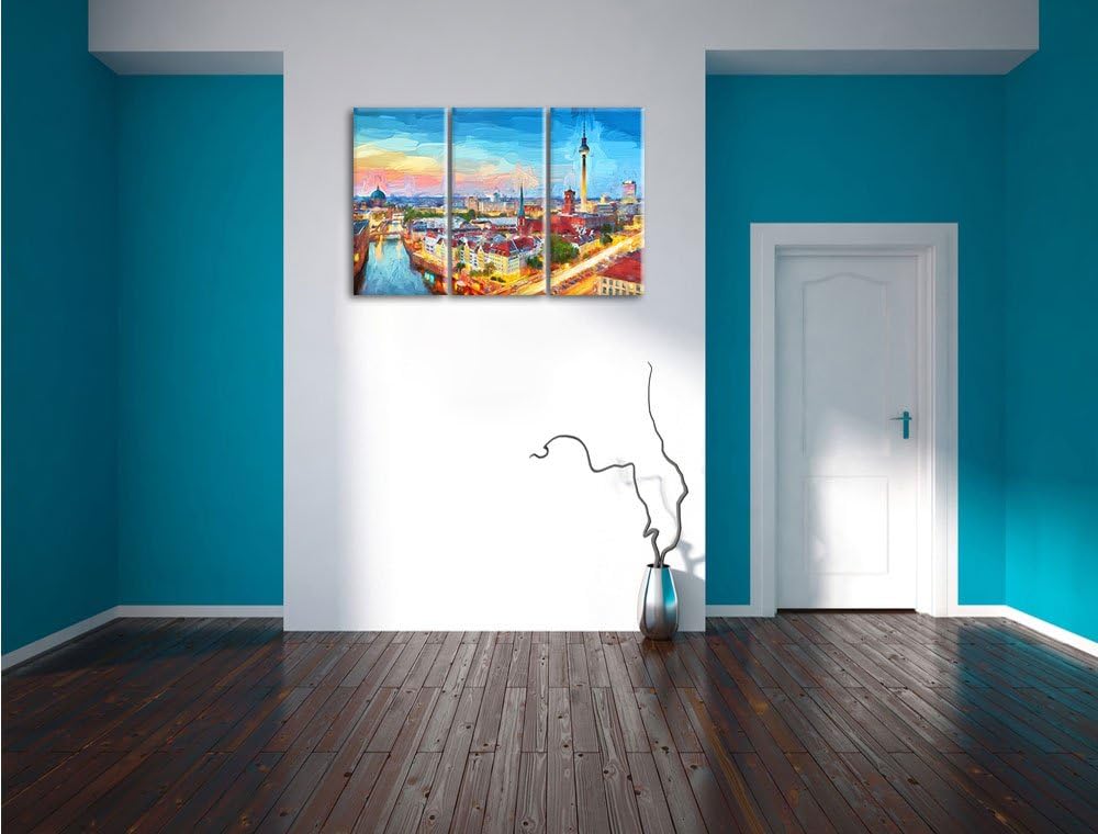 Pixxprint Berlin City Panorama Kunst Pinsel Effekt 3-Teiler Leinwandbild 120x80 Bild auf Leinwand