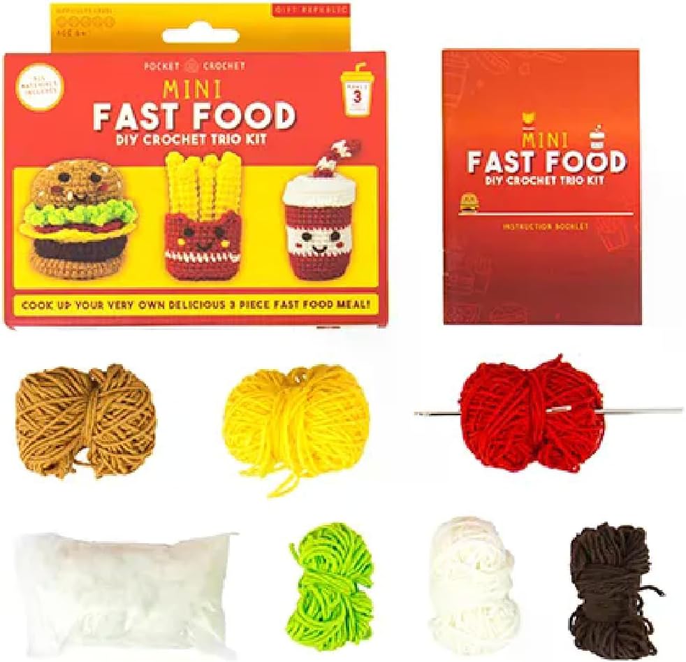 Mini Fast Food Häkelset - DIY Häkeltrio-Set für Anfänger | Burger, Pommes Frites & Drink Charaktere