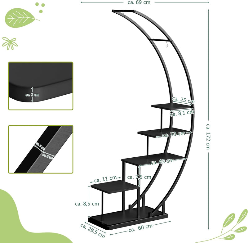 Ribelli 5-stufiger Metall-Pflanzenständer in Halbmondform 172cm, Pflanzenregal mit 5 Ablagen & Haken