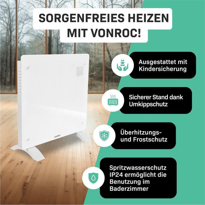 VONROC Elektroheizung, Konvektor-Heizung - Energiesparende elektrische Heizung bis 12m2 - Wand-/Bode