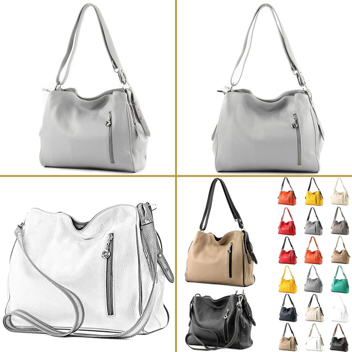 modamoda de T119 / T220 Damen Leder Schultertasche Umhängetasche 2 Grössen handmade in Italy Grau/Du