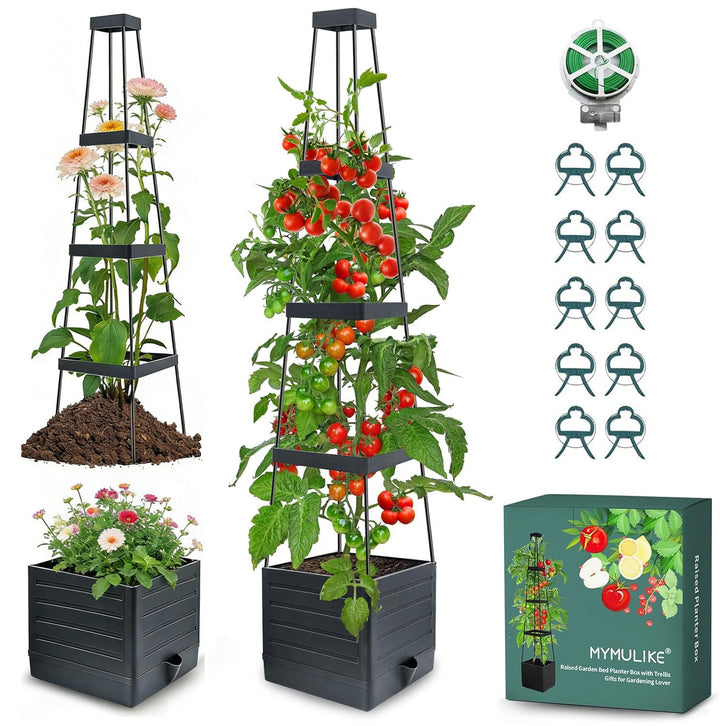 MYMULIKE Rankhilfe Obelisk mit Blumenkasten, Set of 1, Tomaten Rankhilfe mit Pflanzkasten, Schöne Pf