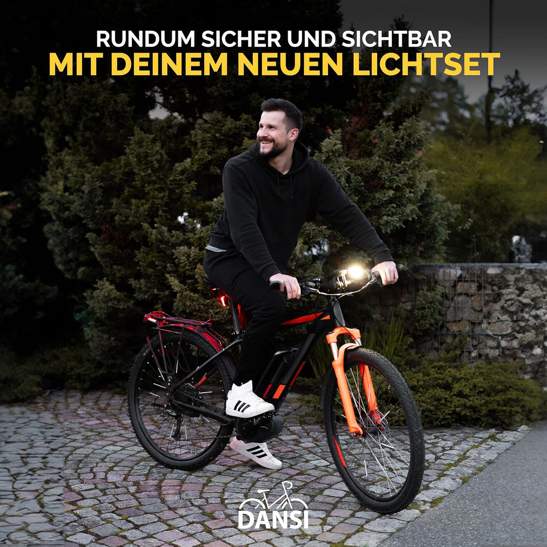 DANSI Fahrradleuchten-Set StVZO I LED-Fahrradlicht I Rad-Licht hell vorne 60/30/15 Lux, Akku-Leuchte